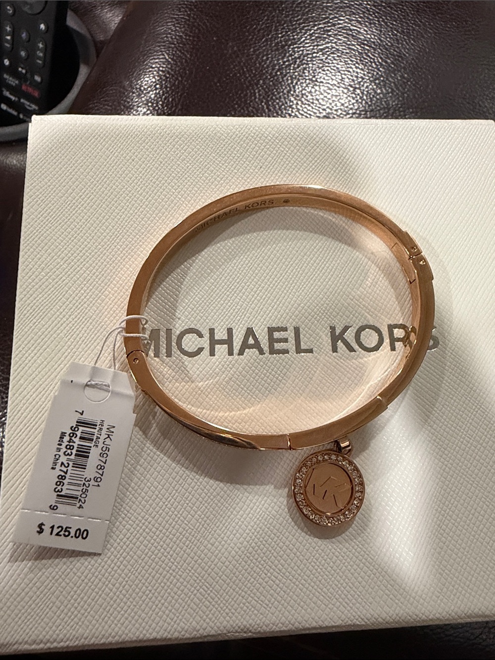 Michael Kors Gold MK Charm Hinged Bangle Bracelet
